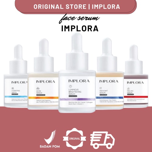 Implora Serum Wajah 20ml | Face Serum Acne Luminous Brightening Midnight Peeling Hydrating 24k Gold Serum Skincare BPOM