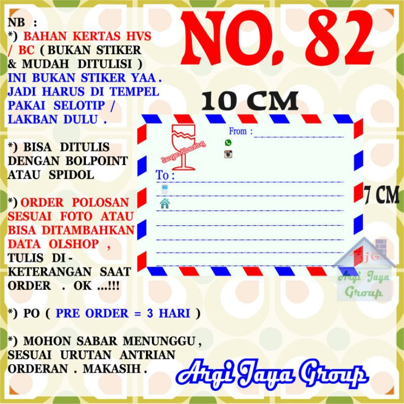 

Label Pengiriman Alamat Olshop Murah Nomer 82 - 10x7cm - Kertas BC (Manila)