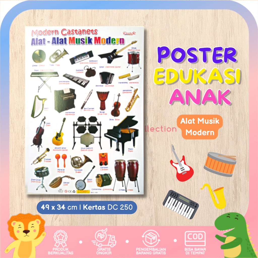 Poster Dinding Edukasi Anak Belajar Gambar Alat Musik Modern