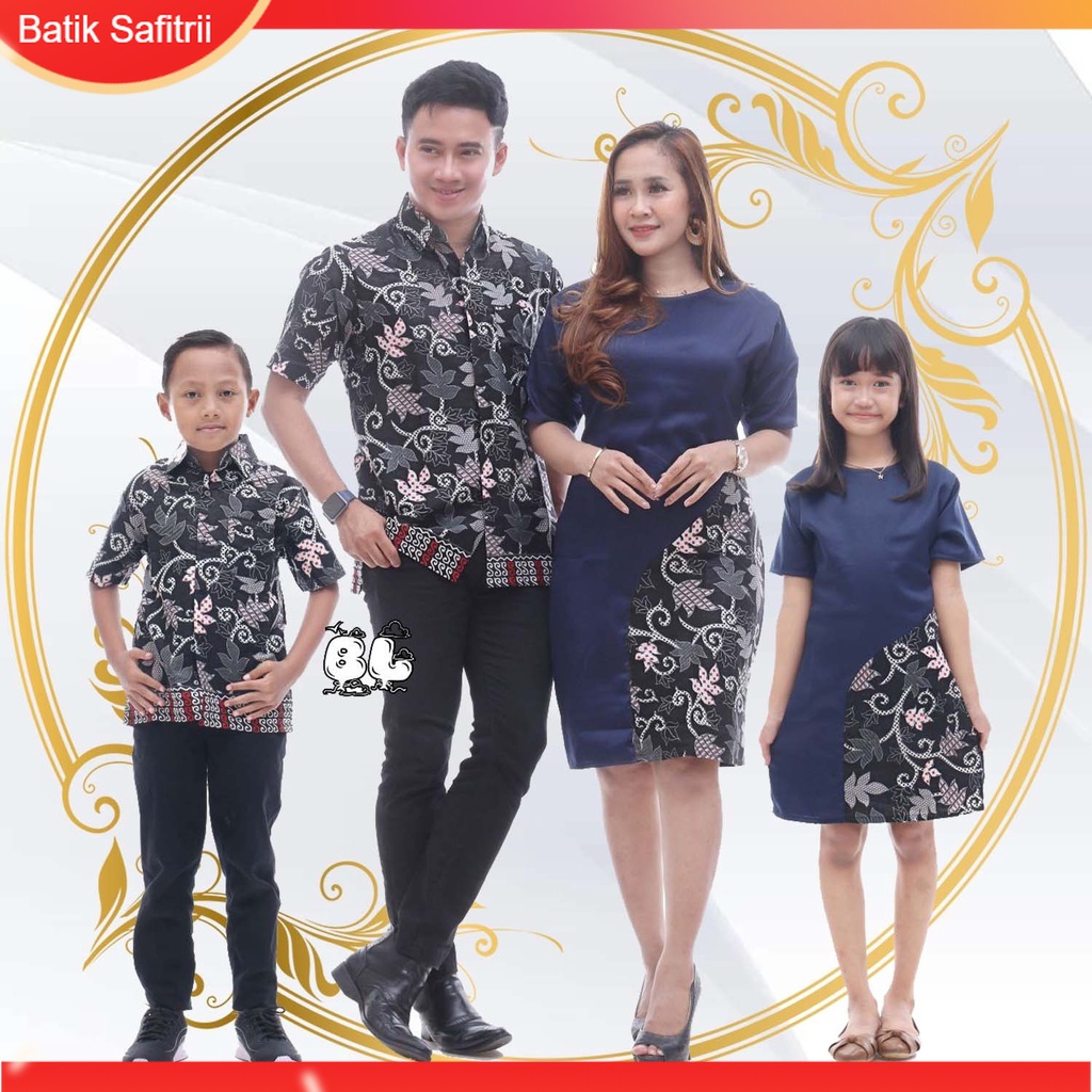 Couple Keluarga - Batik Keluarga Natal - Ibu Bapak Anak - Motif Kombinasi Moscrep Biru Navy - Dress 