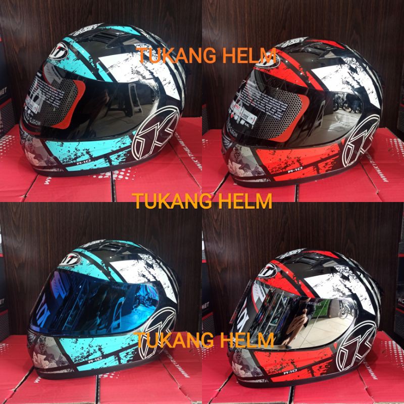 KYT R10 SERI 3 BLACK RED/AQUA BLUE KYT R-10 SMOKE VISOR ORIGINAL KYT