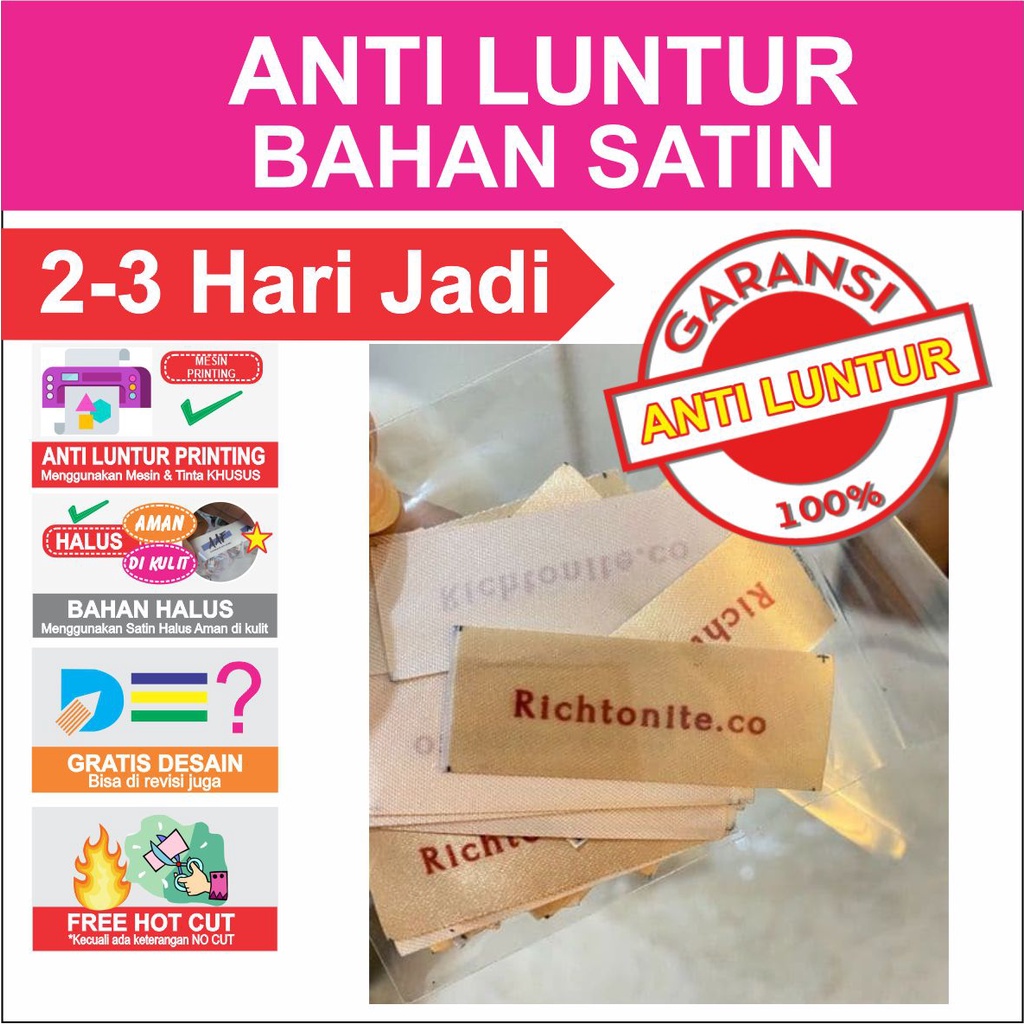 

LABEL HIJAB LABEL BAJU LABEL WOVEN Damask Subtitute Bahan SATIN PRINTING (Min 100 pcs)