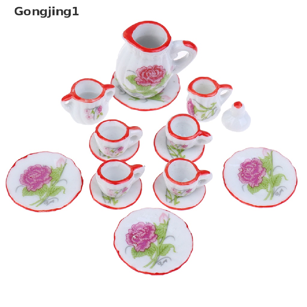 Gongjing1 / 15pcs / Set Mainan Miniatur Piring + Cangkir Keramik Porselen Untuk Aksesoris Rumah Boneka 1: 12