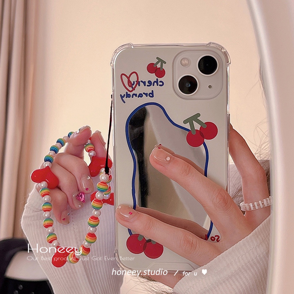 Soft Case TPU Motif Ceri + Cermin Makeup Untuk IPhone 14 13 12 11 Pro Max X XS XR 8 7 Plus