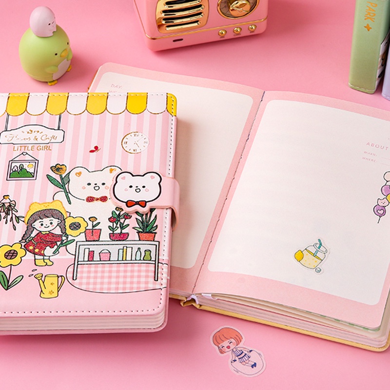 128 Lembar Buku Notebook / Catatan Motif Kartun Lucu Dengan Gesper Magnetik Untuk Pelajar