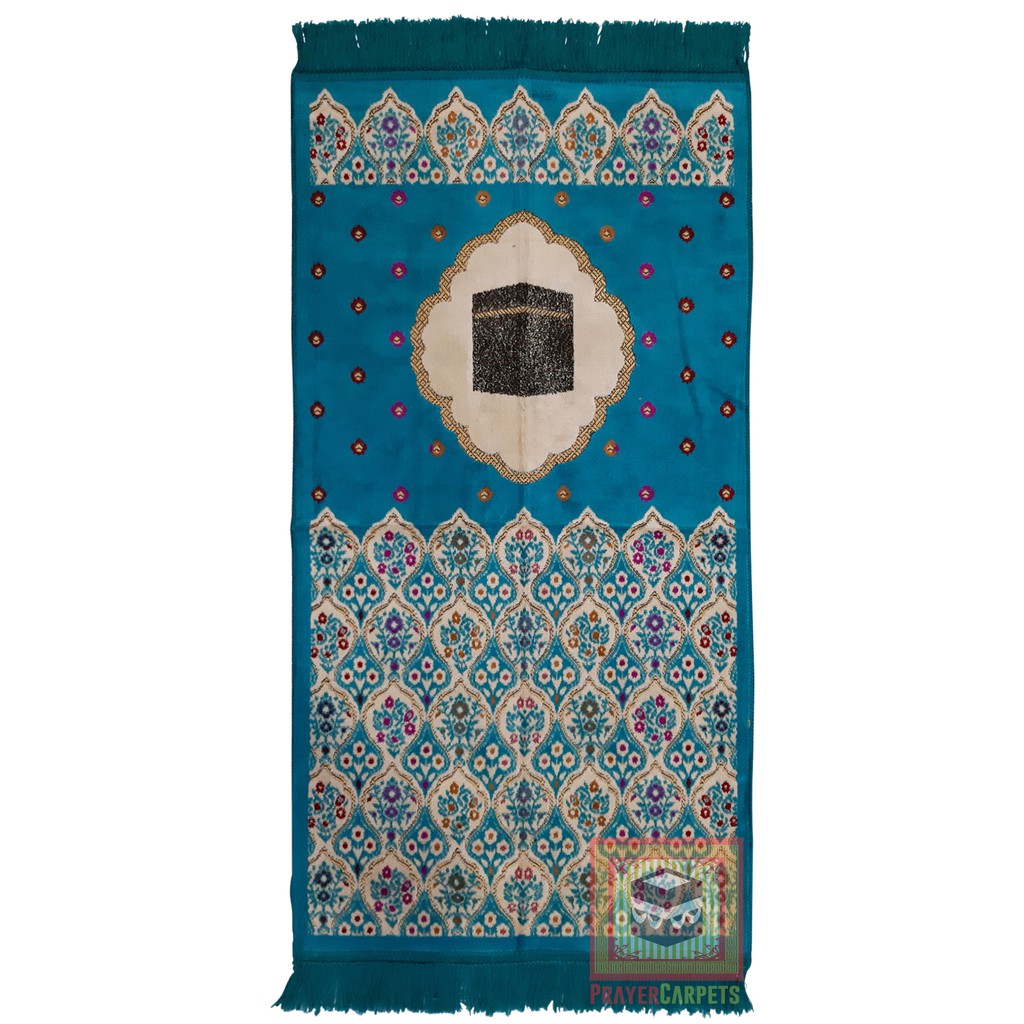 Sajadah Muslim Size 51x102cm Turquoise Desain Kakbah Dengan Glitter Emas Motif Dotted Arch