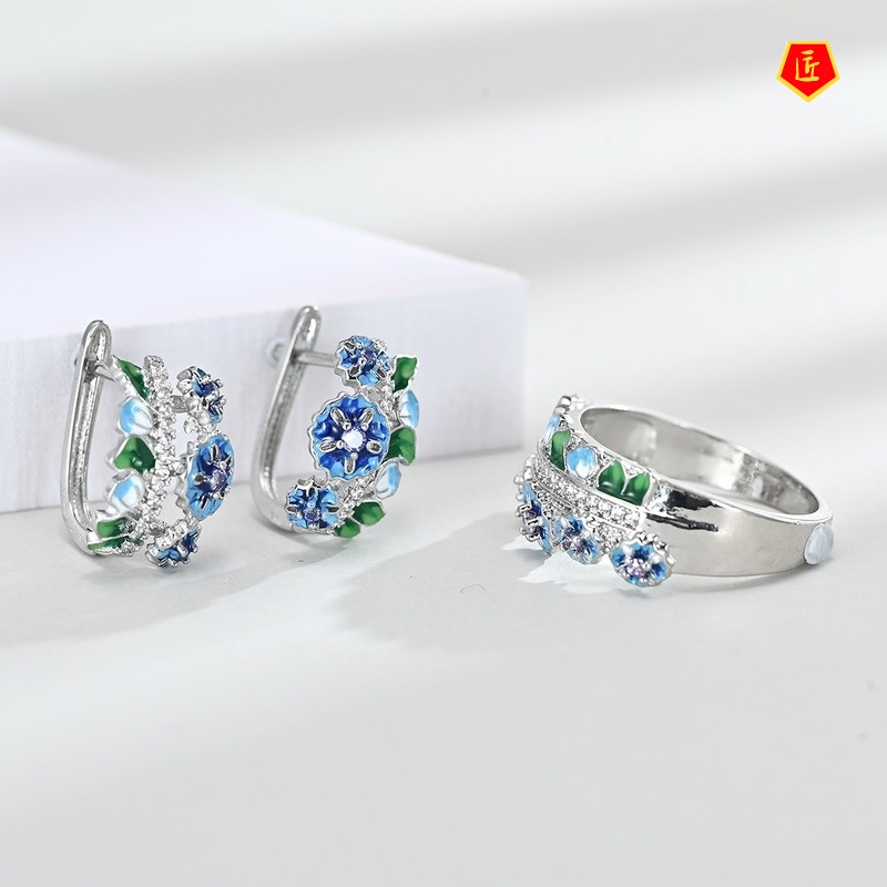 [Ready Stock]Fashion Elegant Flowers Ring Earrings Set