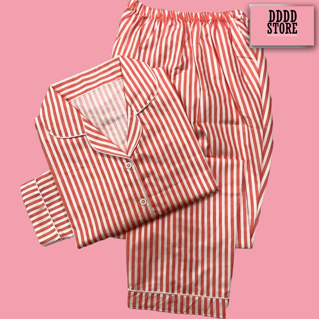 SETELAN PIYAMA / BAJU TIDUR WANITA LENGAN PANJANG MOTIF SALUR KEKINIAN PP