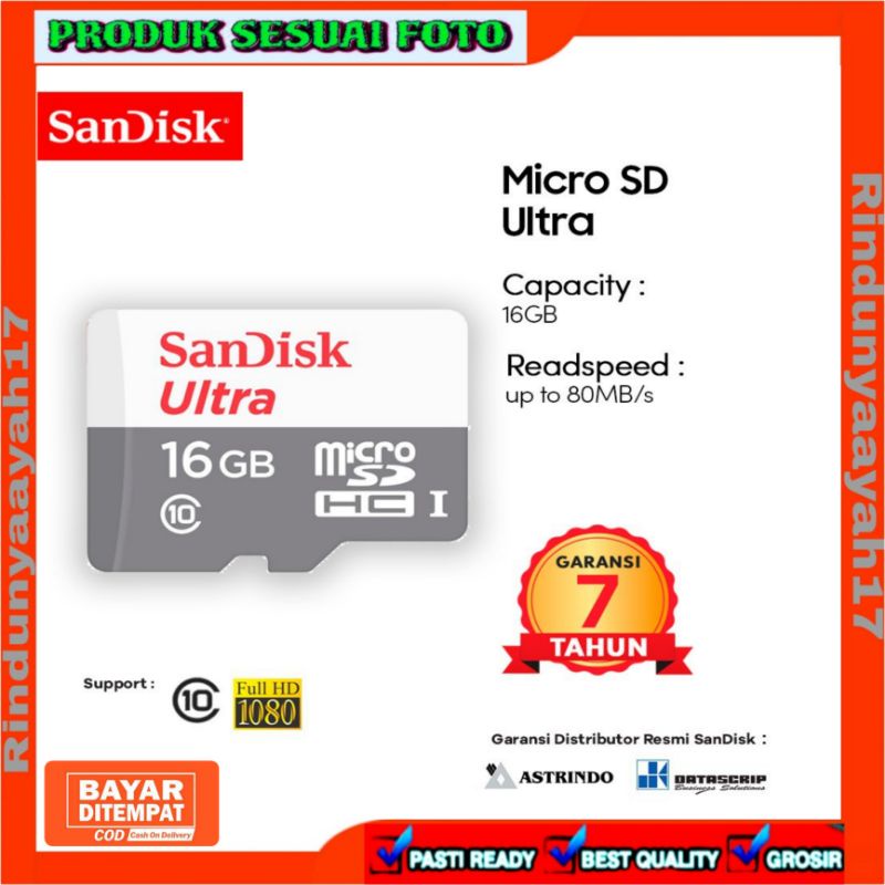 [RA] MICRO SD SANDISK ULTRA CLASS 10 100MB/S MICROSD MEMORY 16 32 64 128GB CARD CCTV