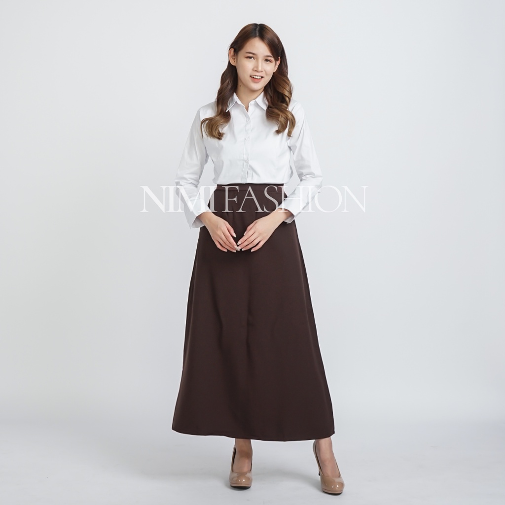 Rok Kerja Wanita Panjang Pinggang Karet Model A-line Formal Muslimah-6