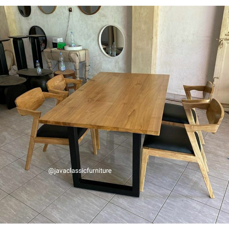 1 SET KURSI MEJA MAKAN HEROSIMA JOK RETRO / KURSI MAKAN CAFE RESTO MINIMALIS BAHAN KAYU JATI UKURAN 90x140cm-1set kursi makan
