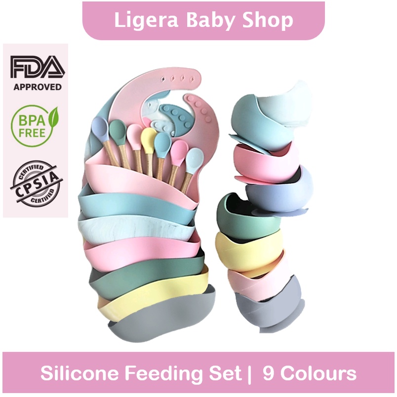 LIGERA Premium 3 Pcs Silicone Feeding Set Bayi Mangkok Makan (Suction Bowl) + Bib / Slabber Celemek + Sendok BPA FREE Food Grade MPASI