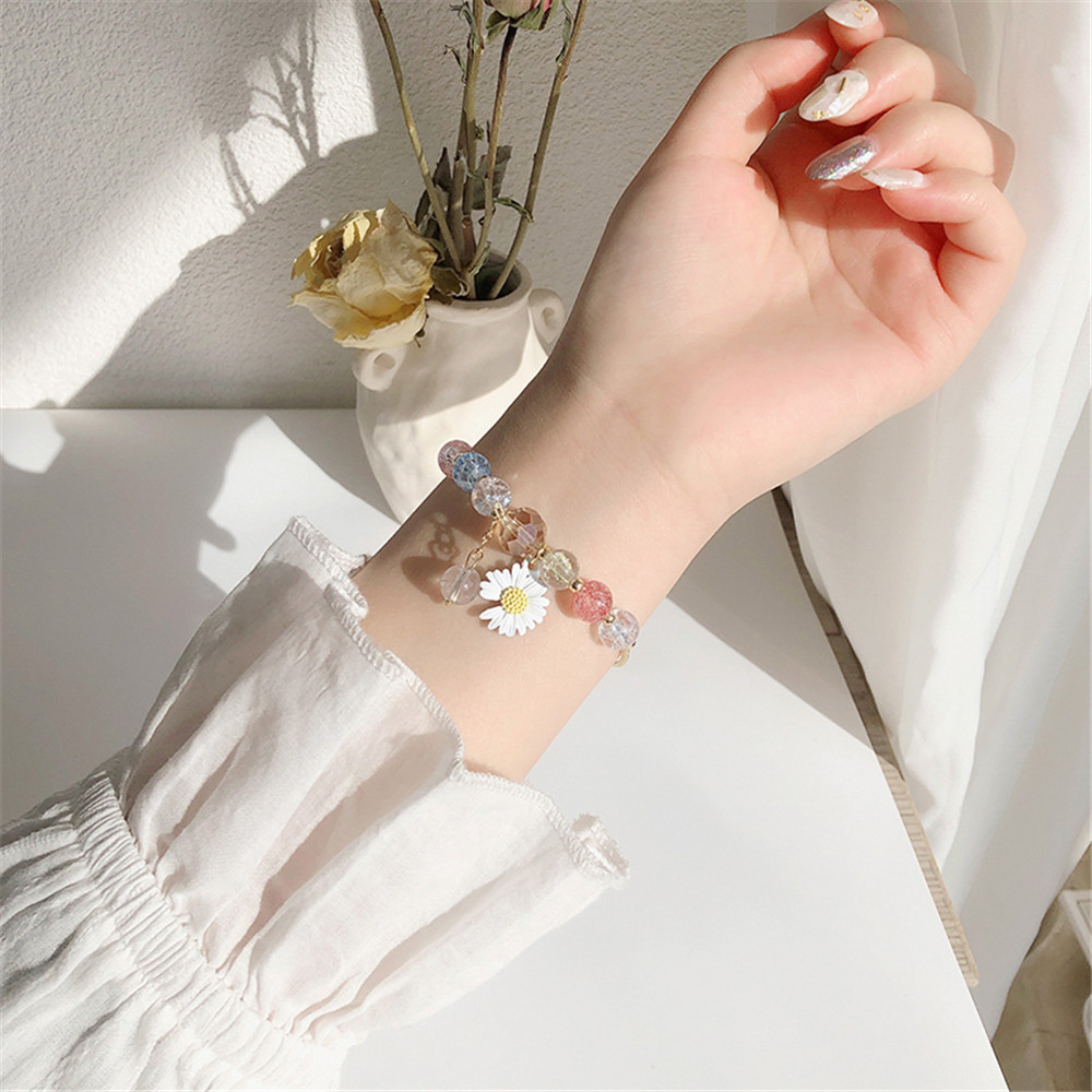 【COD Tangding】Crystal Bracelet Daisy Pendant Bracelet Pink Yellow Blue Color for Girl Summer Accessory