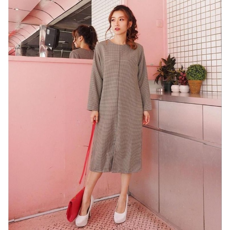 ⚡️CLEARANCE SALE ♡ PREMIUM ♡ ORIGINAL ! THANIA TUNIK PLAID HOUNDSTOOTH LONG SLEEVE THICK MIDI SLIT DRESS