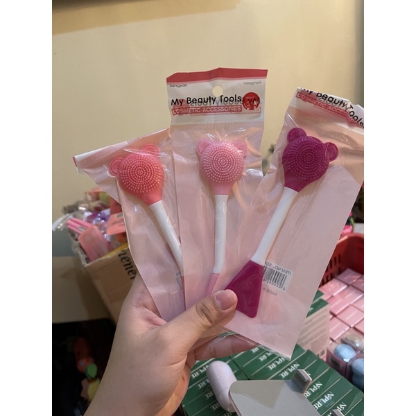 A113 KUAS MASKER SILICONE 2 sisi masker bubuk bilas clay gel warna warni fuchia biru ungu pink merah muda aksesories sabun cuci wajah muka hijau murah