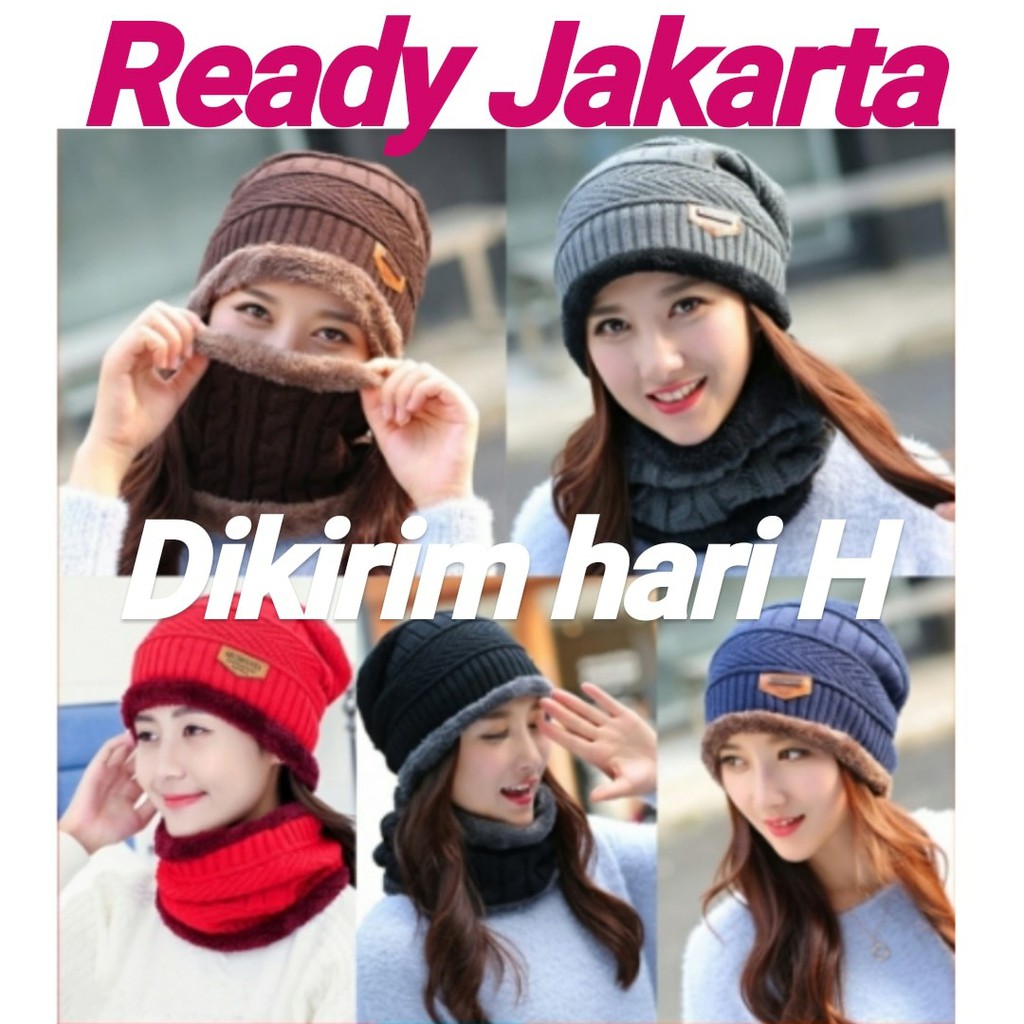 TOPI SYAL KUPLUK RAJUT BEANI SCARF BAHAN TEBAL 2 IN 1 SET TOPI HIKING BAHAN WOOL