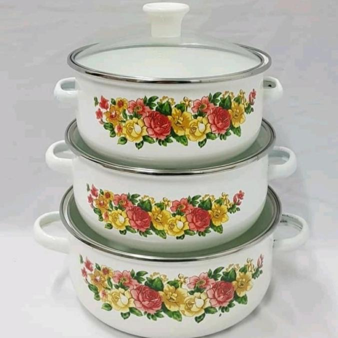Murah Panci Enamel Set 3Pcs Reoona Tutup Kaca