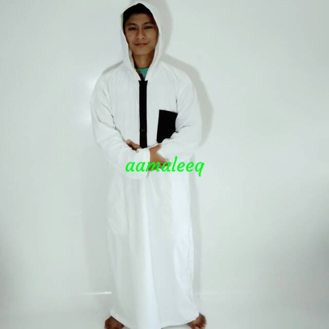 Gamis jubah pria remaja berkupluk  putih