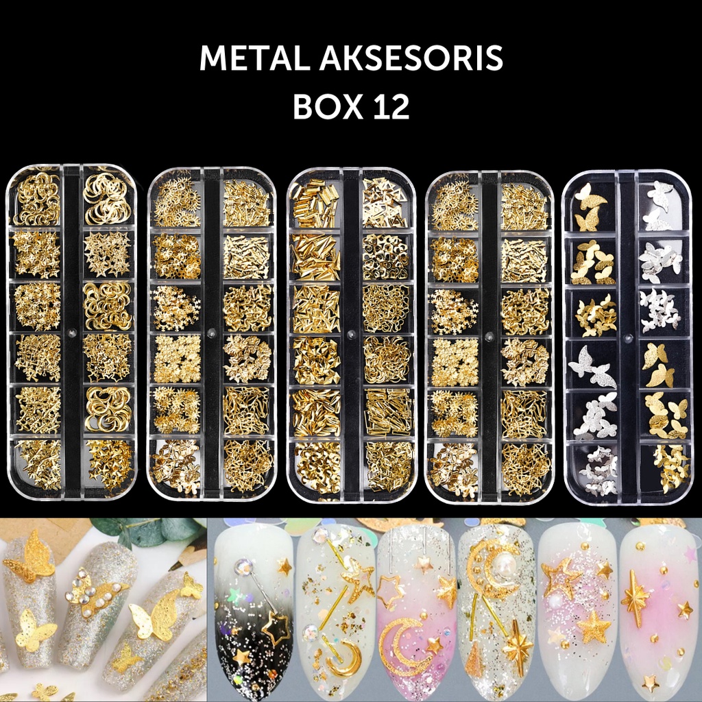 Hiasan Nail Arts Aksesoris Box isi 12 Bahan Metal silver gold /DIY decoration Accesories / Dekorasi bentuk bulan bintang ring