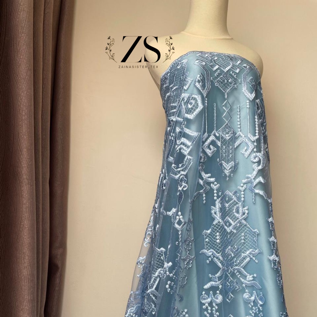 Tile Kebaya Exclusive Maison  Full Bordir by Designer Saptodjojo Warna Biru Muda Ice Blue