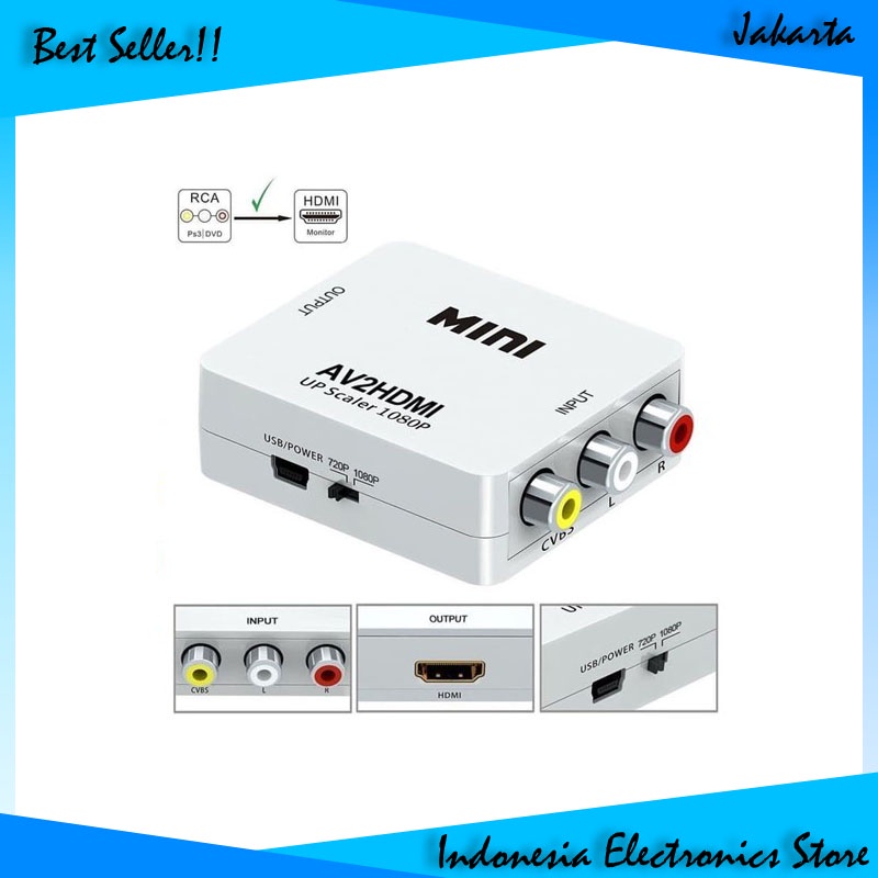 With Power AV (RCA Female) To HDMI Female Converter Adapter Box Bergaransi IES