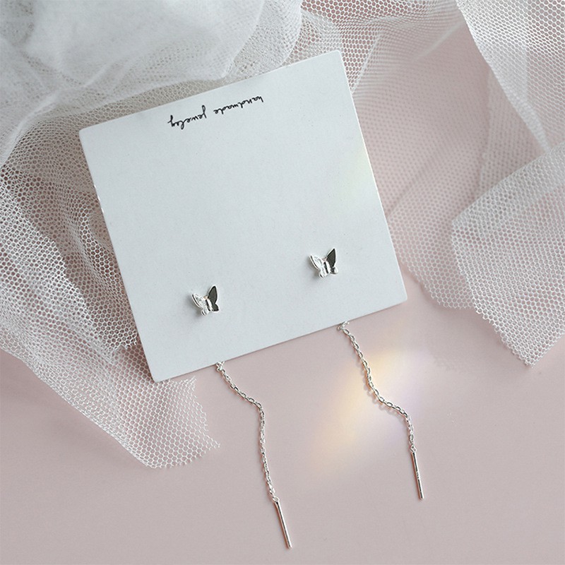 Anting Stud Drop Dangle Panjang Desain Kupu-Kupu Bahan 925 Silver Untuk Wanita