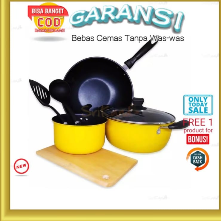 Panci Cookware Set 7 Pcs Kuning Teflon Anti Lengket Serbaguna