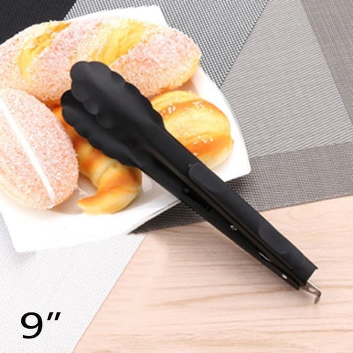 Hitam Capitan Makanan Stainless 23CM / 9inch capit makan (kunci atas)