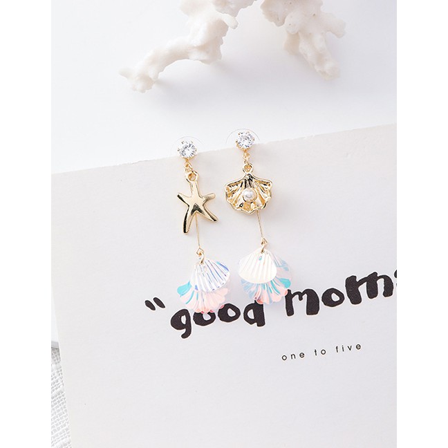 LRC Anting Tusuk Fashion Starfish Shell Asymmetrical Sequined Metal Earrings F48441