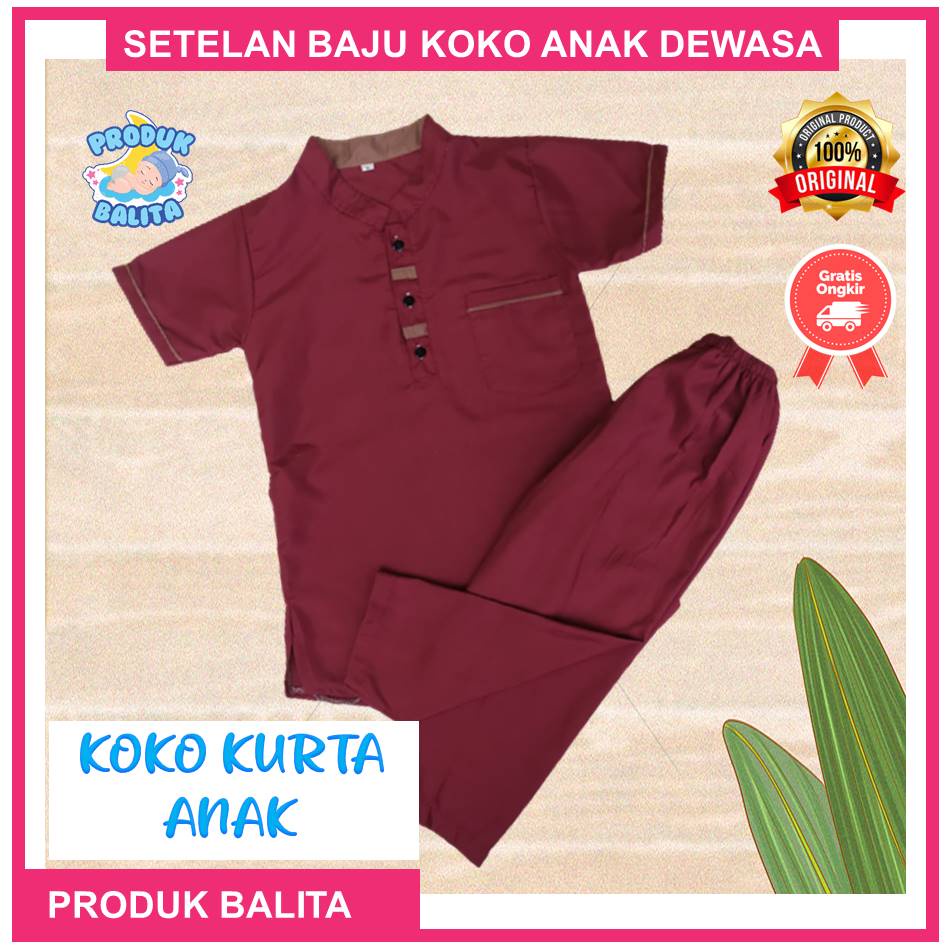 Setelan Baju Koko Anak Set Koko Kurta Anak Usia 6-12 Tahun Lengan Pendek Motif Polos Terlaris