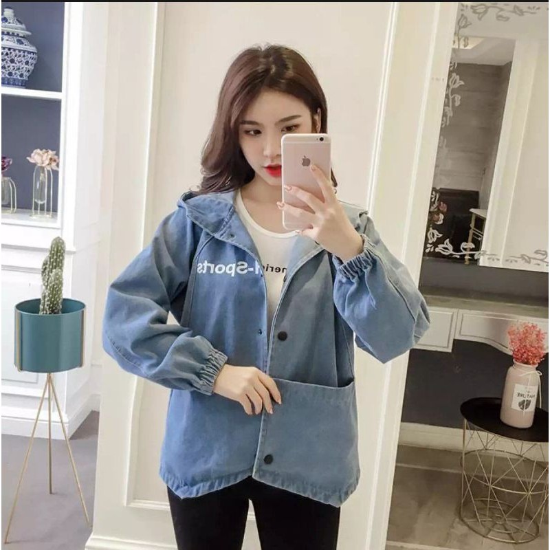 JAKET JEANS WANITA DENGAN HOODIE +BORDIR