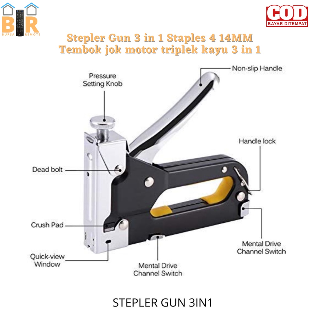 Stepler Gun 3in1 Staples  4 14 MM Tembok jok motor triplek kayu 3in1