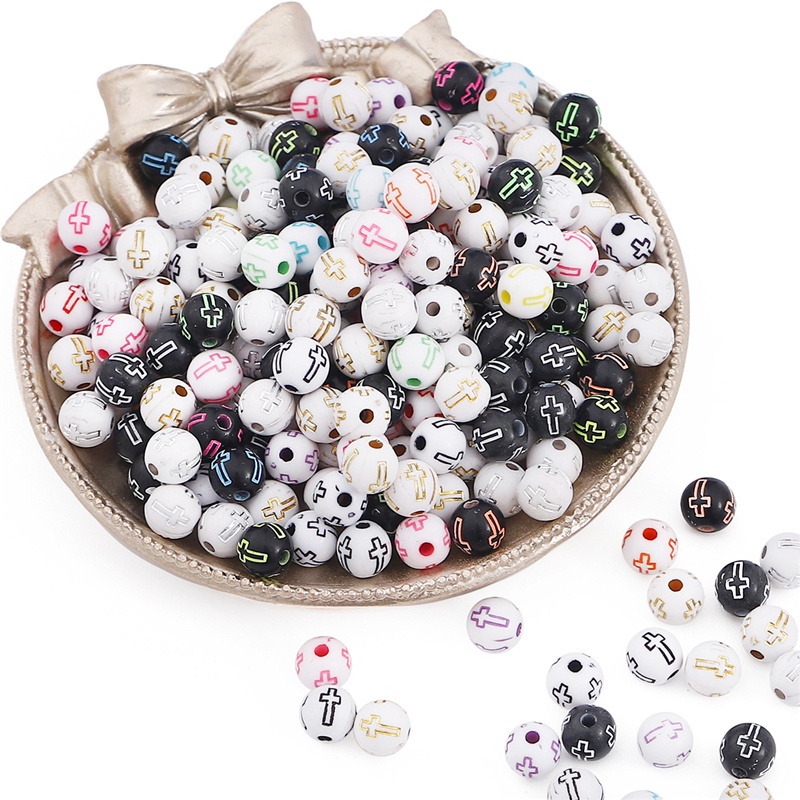 100Pcs/Lot 8mm Plastic Acrylic Round Carved Cross Beads Color Pattern Round Ball Beads for Bracelet Necklace DIY Jewelry Making