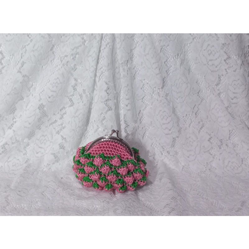 dompet koin rajut motif stroberi behel 8cm