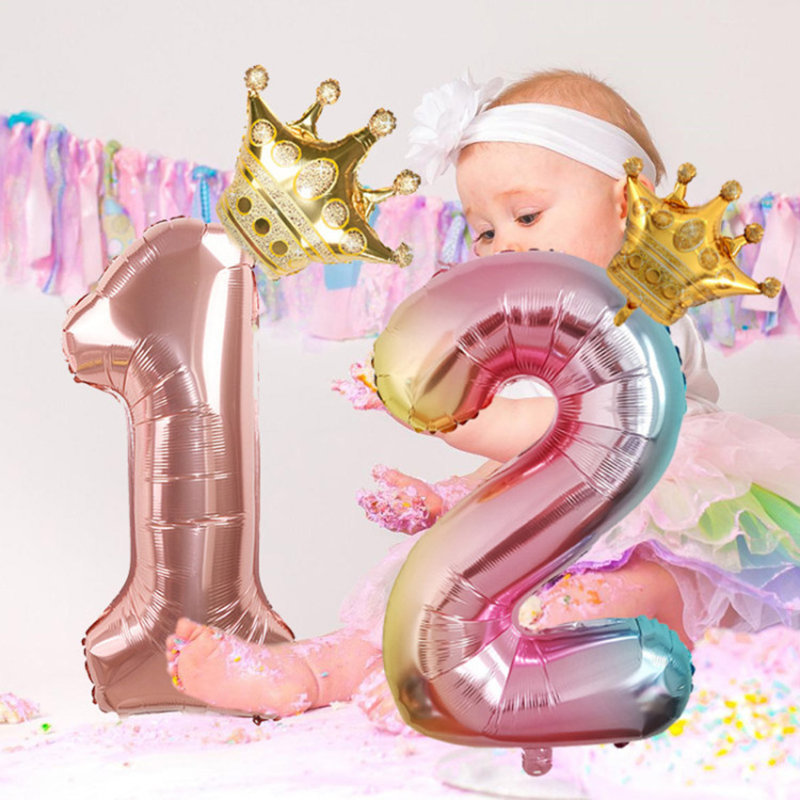 Rainbow Gradient Color 32 Inch Number Foil Balloon with Princess Crown Baby Shower Party Wedding Birthday Decoration