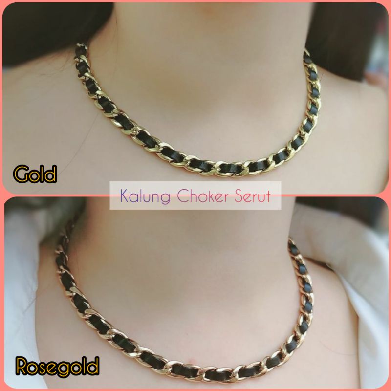 KALUNG CHOKER SERUT RANTAI TITANIUM GOLD ROSEGOLD / KALUNG RANTAI TALI HITAM TITANIUM / KALUNG FASHI