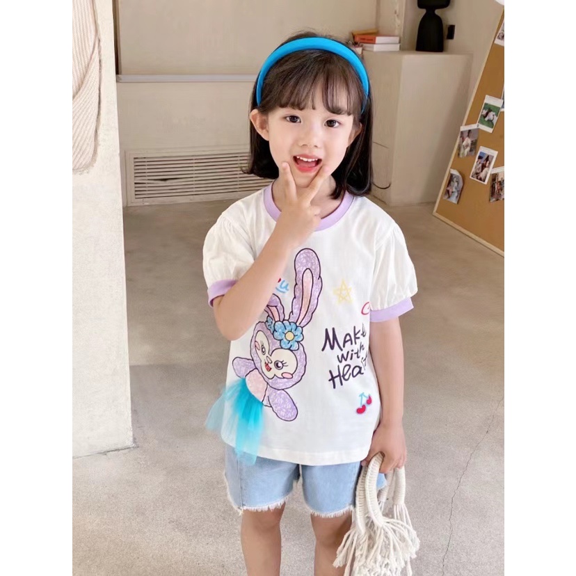 Kaos T-shirt Anak Perempuan Motif Stella Lou Lucu 3D Mesh Puff Sleeve