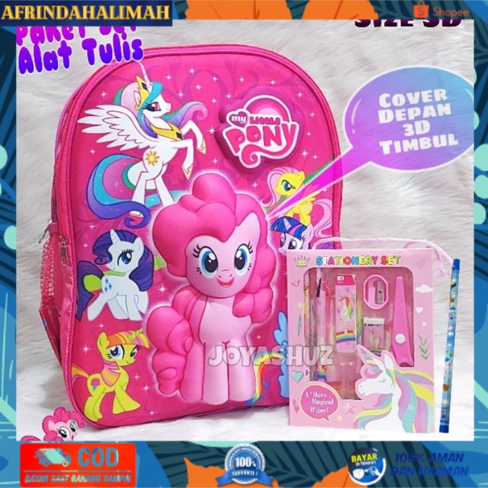 

{TERBARU} Tas Sekolah Anak Pony 3 Dimensi Gratis Set Alat Tulis / Tas Karakter