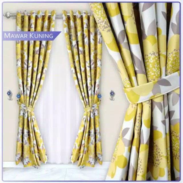 GORDEN BAHAN BRIDAL MOTIF BUNGA MAWAR KUNING / TIRAI HORDENG SMOKRING SEMI BLACKOUT / DEKORASI RUMAH