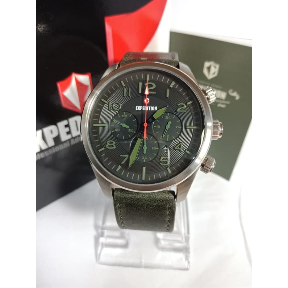 JAM TANGAN PRIA EXPEDITION E 6670 SILVER GREEN LEATHER GREEN ORIGINAL GARANSI RESMI 1 TAHUN