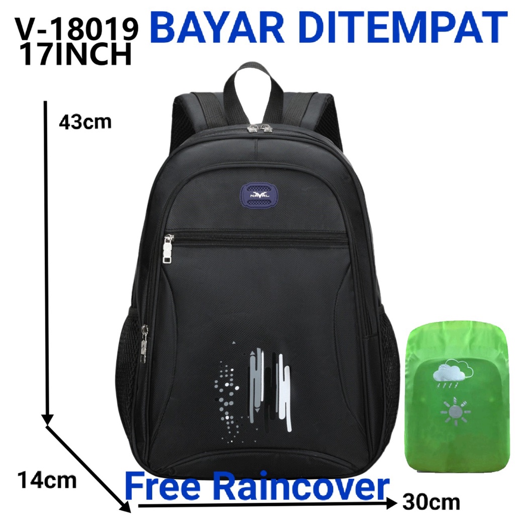 Tas Ransel Anak Sekolah Laki SD SMP Tas Punggung Tas Gemblok Naval 18019 Hitam Free Raincover