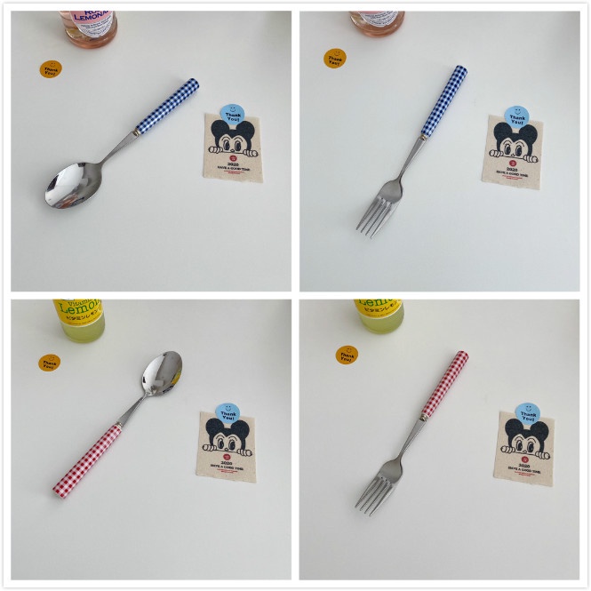 【COD Tangding】Korean INS French Blue and Red Checked Ceramic Handle Tableware Dessert Fork Steak Fork Spoon