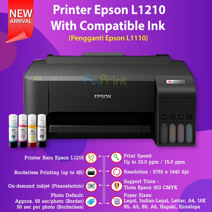 Epson L1210 Printer Pengganti L1110 With Tinta 003 C13T00V Black CMY