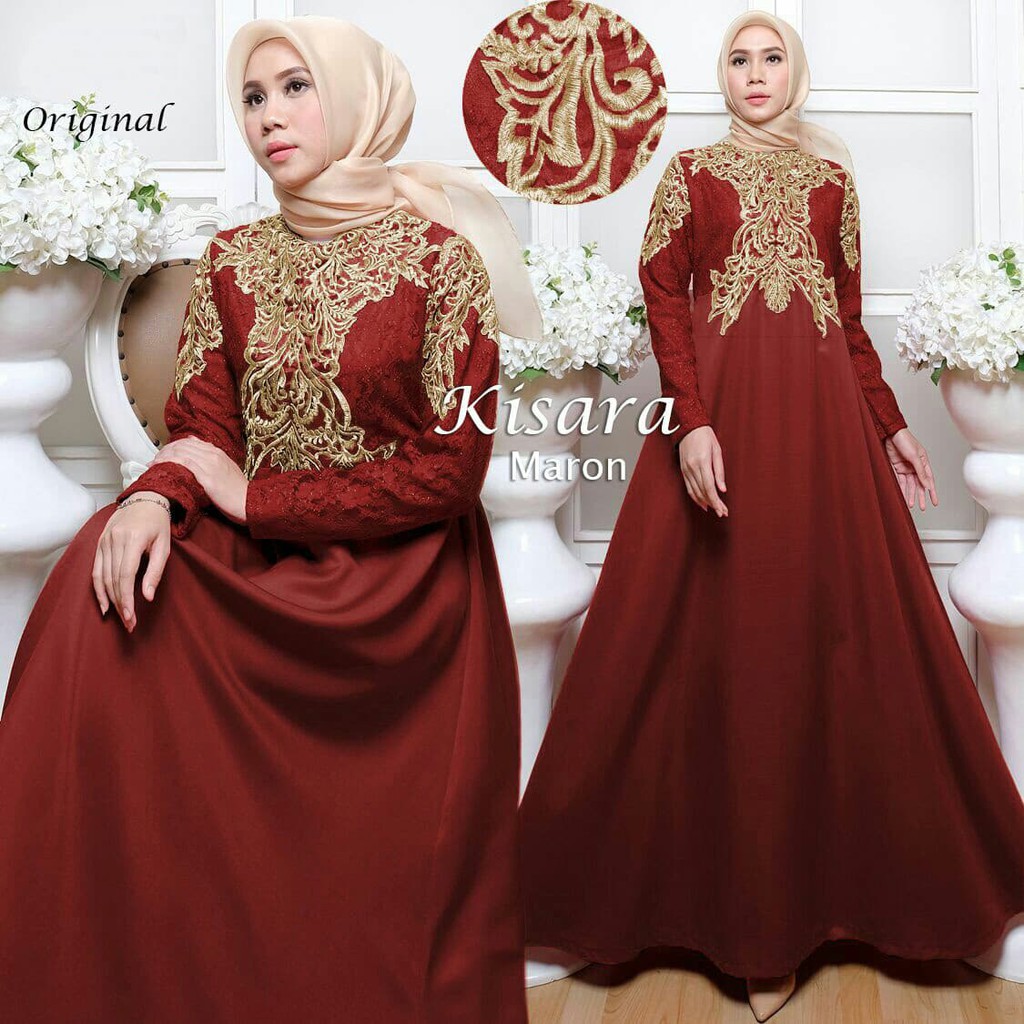 Gamis Maroon Kombinasi Gold Jilbab Gucci