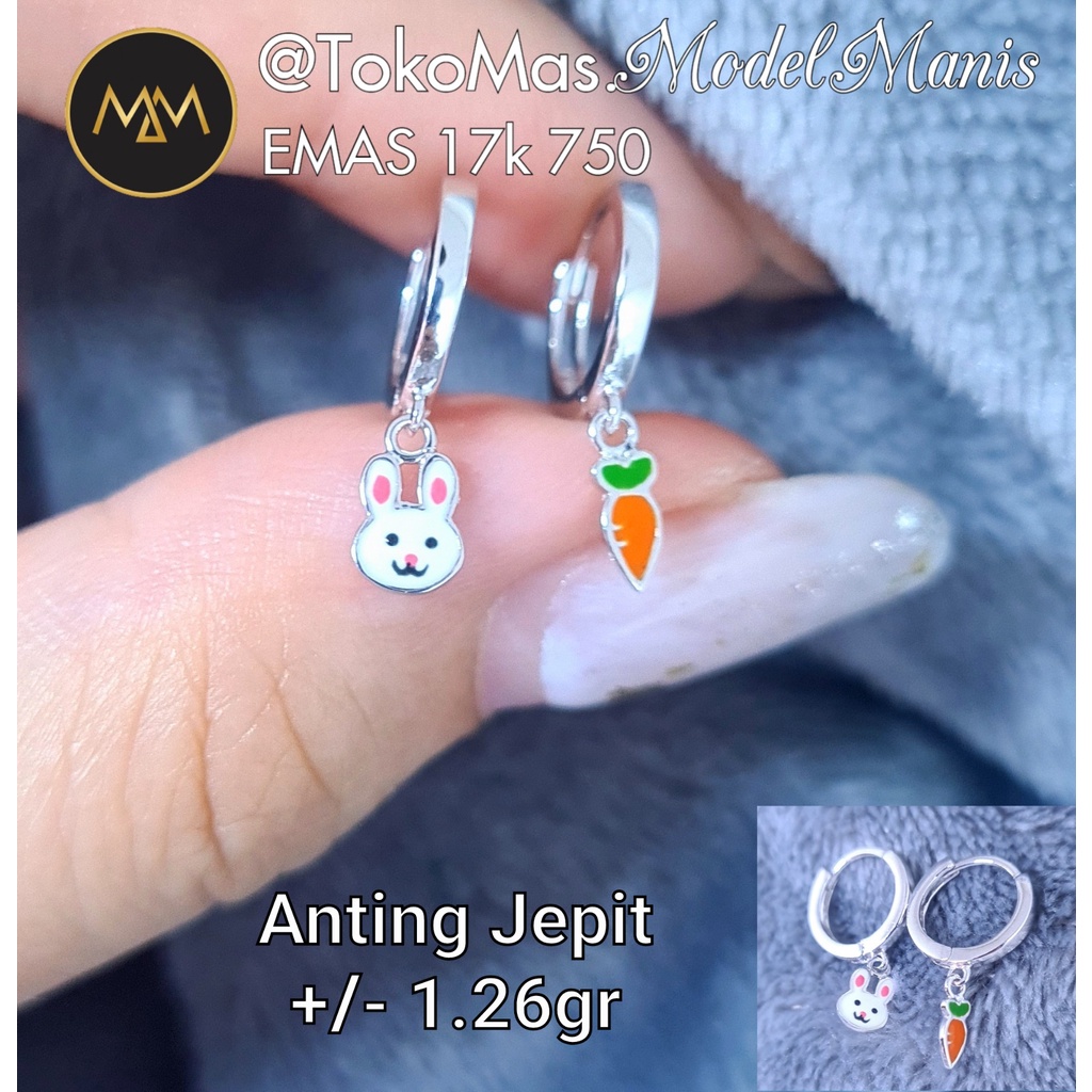 Anting Jepit Bulat Rabbit Carrot emas putih 750 kadar 17k