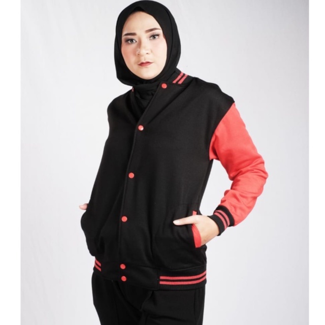 JAKET BASEBALL POLOS HITAM MERAH BAHAN TEBAL CASUAL BOMBER PRIA WANITA