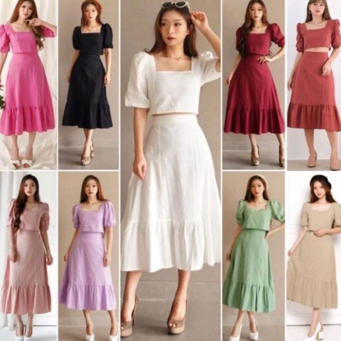 PROMO ROSELINE 2 IN 1 SET CROP BLOUSE WITH RUFFLE MIDI SKIRT MURAH