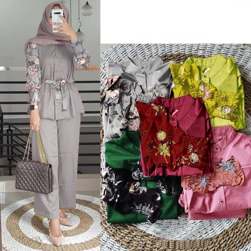 2 UKURAN L XL PAKAIAN WANITA ONE SET OUTFIT CURLA / STELAN CURLA FLOWEN HGO-Flowen Grey XL