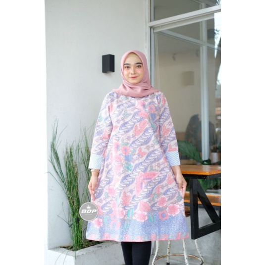 ATASAN TUNIK TUNIC BATIK WANITA DRESS BATIK MIDI DRESS BATIK TUNIK SOFT KUPU KUPU WARNA SOFT PINK BI