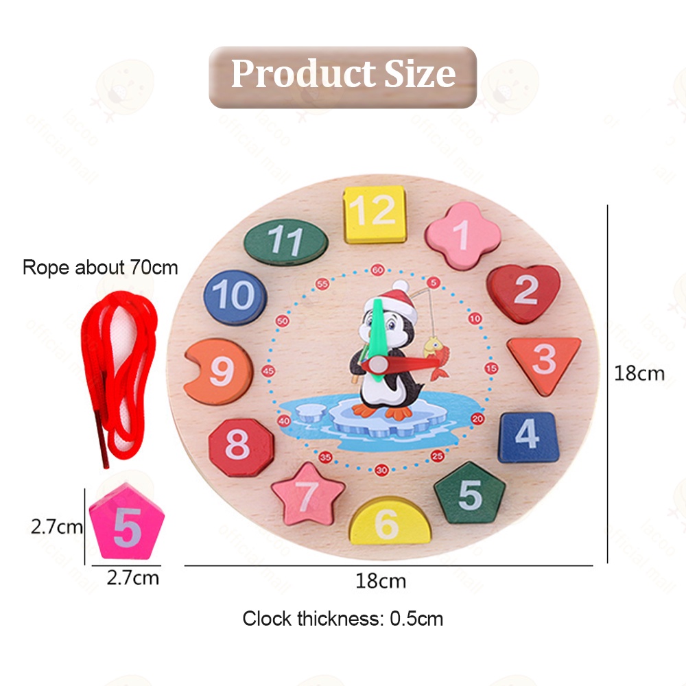 Poney Mainan edukasi jam kayu penguin beaded clock jam geometri